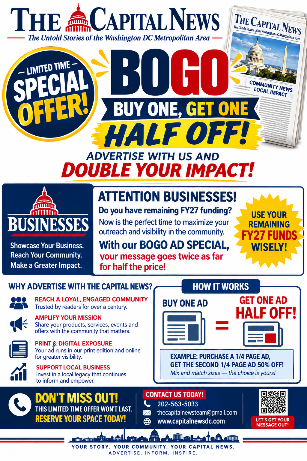 Advertisement — The Capital News BOGO special: buy one ad, get one half off. Reserve your space today.